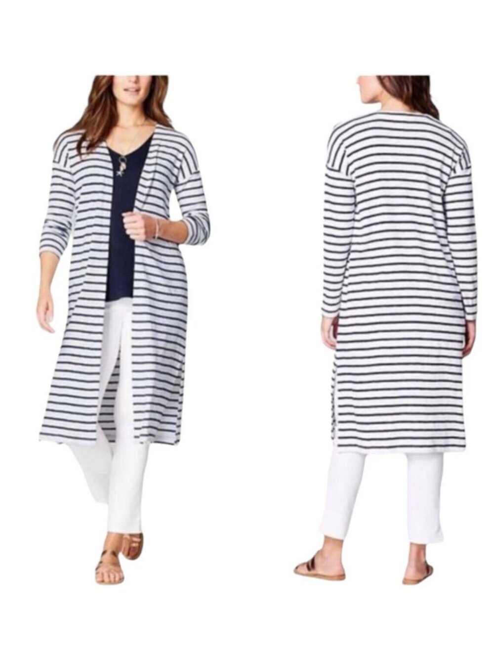J Jill NWT Open Front Long Cardigan Duster White Navy Stripe Coastal Nautical XL